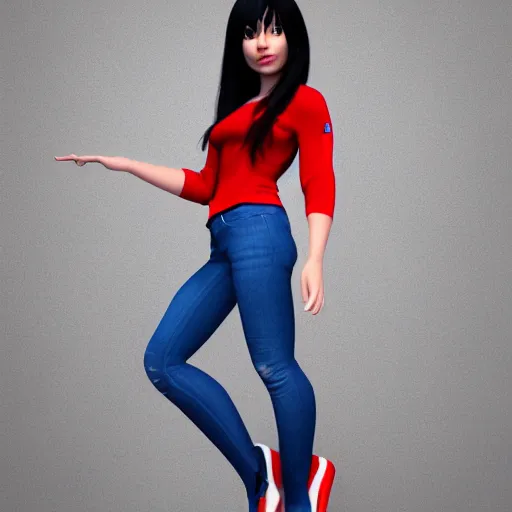 Image similar to 3 d octane render character design of a latina cute girl using tight white and red raglan sleeves with tight blue jeans and cool shoes, having silky long black hair with bangs