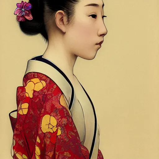 Image similar to side portrait of a young japanese woman wearing a kimono, long hair, headshot, hyper realistic, pale skin, bright red hair, 4k, rule of thirds, extreme detail, detailed drawing, trending artstation, hd, fantasy, D&D, realistic lighting, by Alphonse Mucha, Greg Rutkowski, sharp focus, backlit, elegant