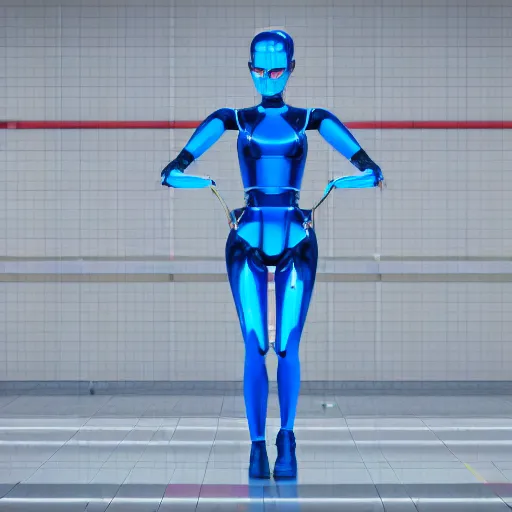 Image similar to a beautiful female robot human hybrid wearing a blue latex jumpsuit, circuitry glowing through the suit like tron, face, torso, legs, feet, epic angle, octane render, photo realistic, hyper realistic, 8 k resolution in the style of alvin schwartz