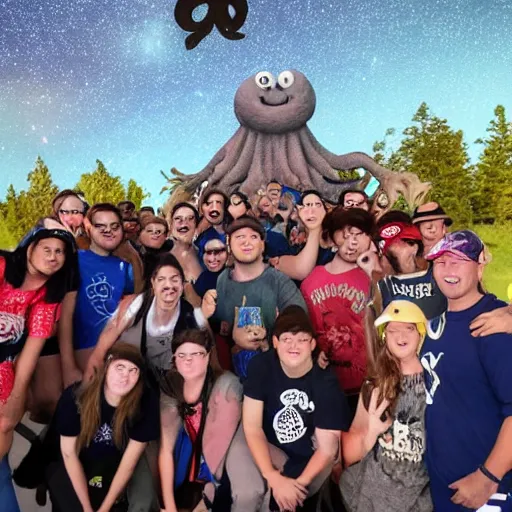 Prompt: A camp of 20 people and 1 Elmo known as Slacker Camp taking a group selfie in front of Cthulhu at POrtal Burn 2022 in Almond NY, with a stary sky and a crescent moon