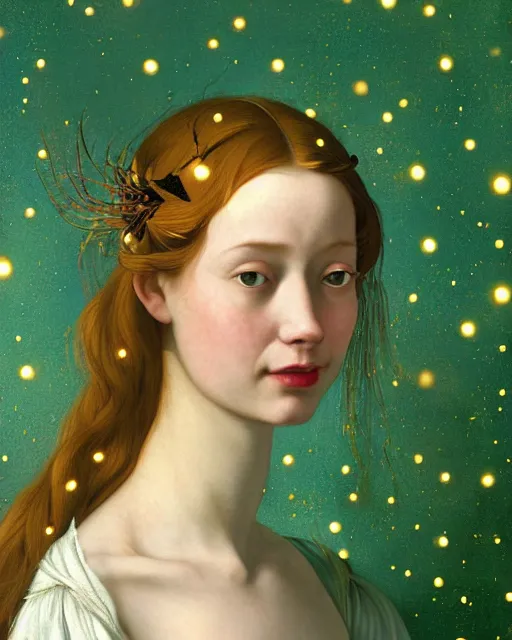 Prompt: a happy a young woman, among the lights of golden fireflies and nature, wearing a wonderful dress, long loose red hair, intricate details, green eyes, freckles on the nose, round gentle smiling face, golden ratio, high contrast, hyper realistic digital art by artemisia lomi gentileschi and caravaggio and artgerm.