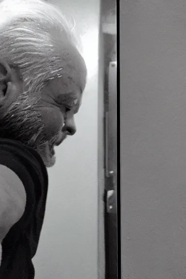 Prompt: a selfie in the bathroom of the top of an old man ’ s hair