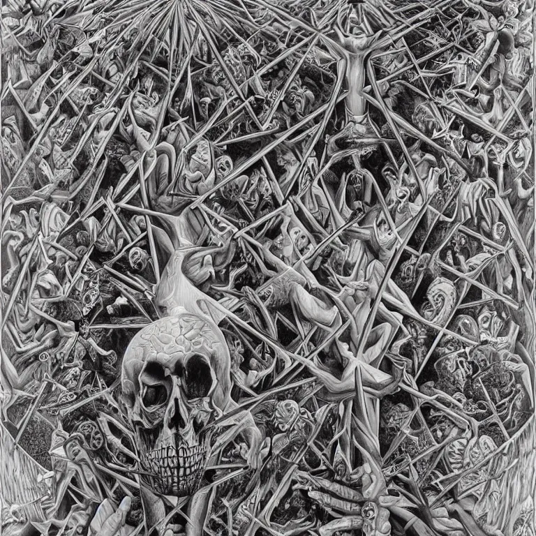 Image similar to meaning of death by Alex Grey and M. C. Escher collaboration