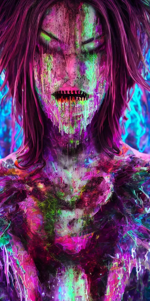 Image similar to impossibly beautiful vampire with large vampire fangs, intricate complexity, horror, psychedelic glitch art, rainbow drip paint, trending on art station, photoreal, 8k, octane render