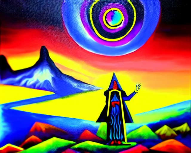 Image similar to Oil painting of a wizard on death mountain. Layered colorful magic spells in guernica style. Neon geometric geometric inks artwork. Elemental envelopment of the arcane master mage's ritual