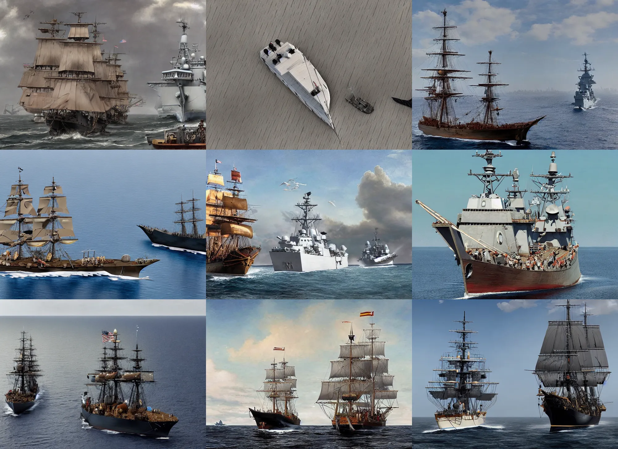 Image similar to a 1700s pirate ship sailing next to modern day US destroyer sailing side by side, hyper-realistic