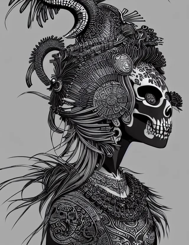 Image similar to 3 d goddess close - up profile simple portrait punk skull with mohawk with ram skull. beautiful intricately detailed japanese crow kitsune mask and clasical japanese kimono. betta fish, jellyfish phoenix, bio luminescent, plasma, ice, water, wind, creature, artwork by tooth wu and wlop and beeple and greg rutkowski