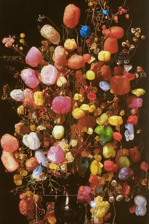 Image similar to still life of a bouquet of flowers made of gummy bears and jelly beans, rubbery translucent sweets, highly detailed, close up, Northern Renaissance