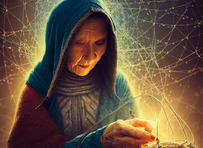 Image similar to old hooded woman weaving the strings of the multiverse, epic scene, dramatic, multiverse, highly detailed, high quality, 8 k, 4 k, octane render, digital painting, alena aenami, lilia alvarado, shinji aramaki, karol bak, alphonse mucha, tom bagshaw