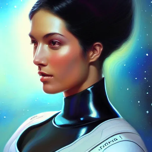 Image similar to a portrait of a very beautiful woman in a spacesuit, Alexandria\'s genesis, shoulder-length black hair, bored, illustration, soft lighting, soft details, painting oil on canvas by mark arian by artgerm, trending on artstation, 4k, 8k, HD, infographic, sci-fi marginalia, holographic