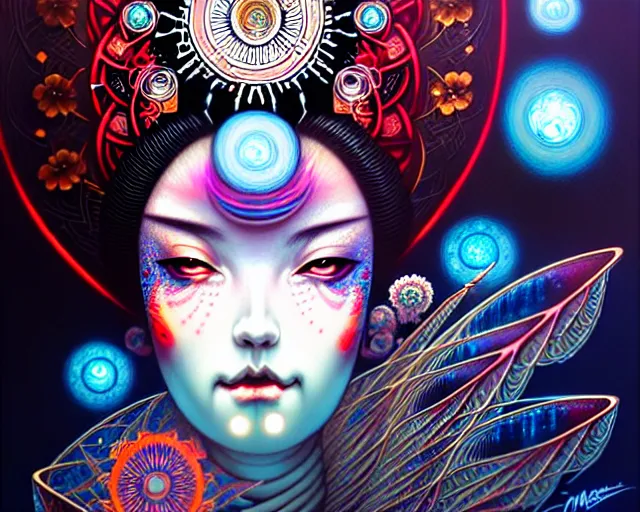 Image similar to a headshot of a geisha offset in the frame, surrounded by fractals, mandalas, cherry blossoms, hadron collider technology, metal gears, swirling bioluminescent energy, art by peter mohrbacher and dan mumford