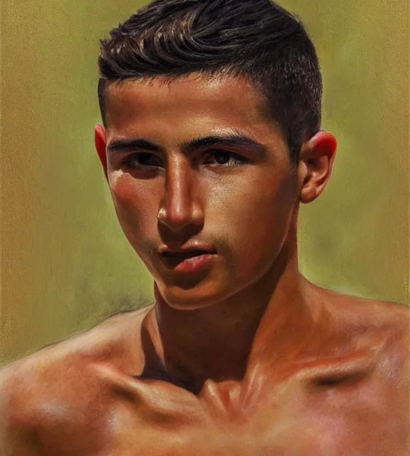 Prompt: portrait of a handsome young mexican soccer player shirtless art by denys tsiperko and bogdan rezunenko and franz xaver kosler, hyperrealism