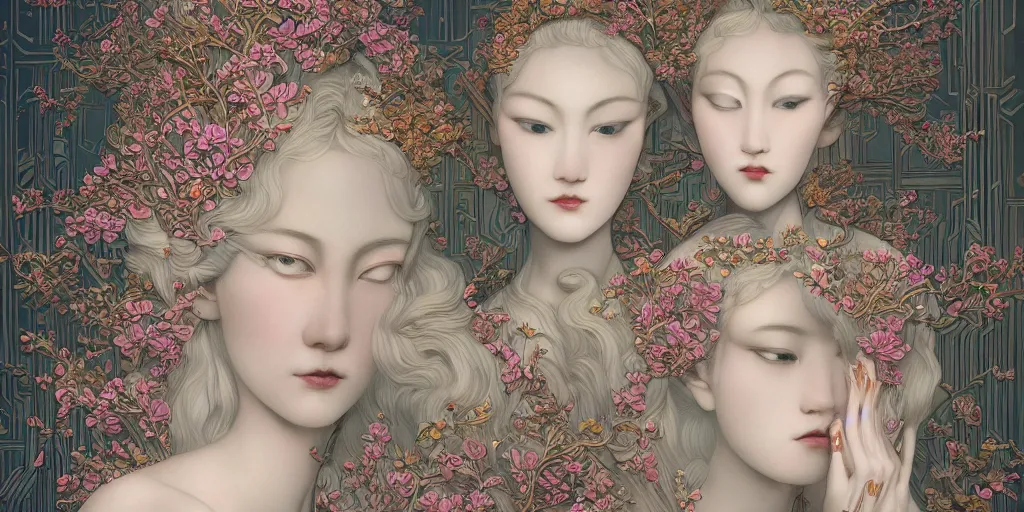 Image similar to breathtaking detailed concept art painting art deco pattern of blonde faces goddesses amalgamation flowers, by hsiao - ron cheng, bizarre compositions, exquisite detail, extremely moody lighting, 8 k