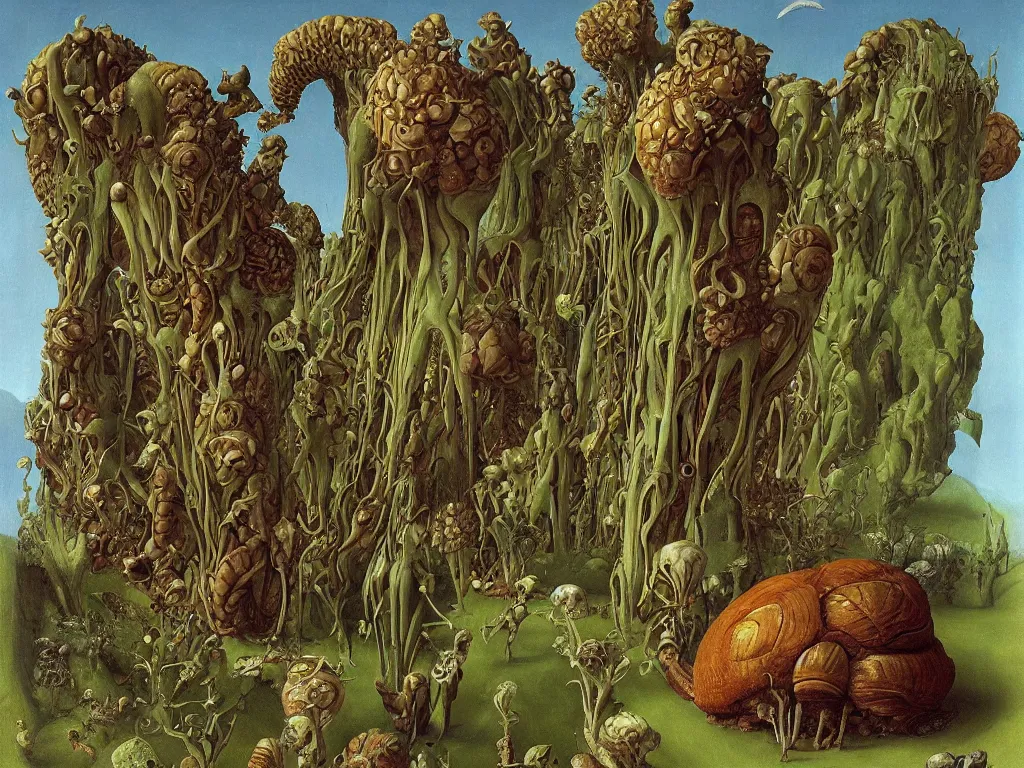 Image similar to Diaphanous giant extinct moth snail alien plant. Croud gathered at the feet of the creature. Painting by Jan van Eyck, Roger Dean