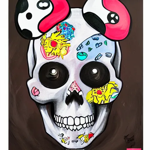 Image similar to portrait painting goofy skull skeleton, hello kitty, comic book, pokemon, highly detailed, art by Singer Sargent and damien hirst