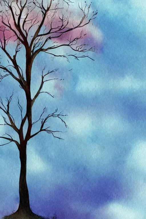 Prompt: beautiful digital watercolor painting of fantasy tree and sky background watercolor rain greg rutkowki artstation