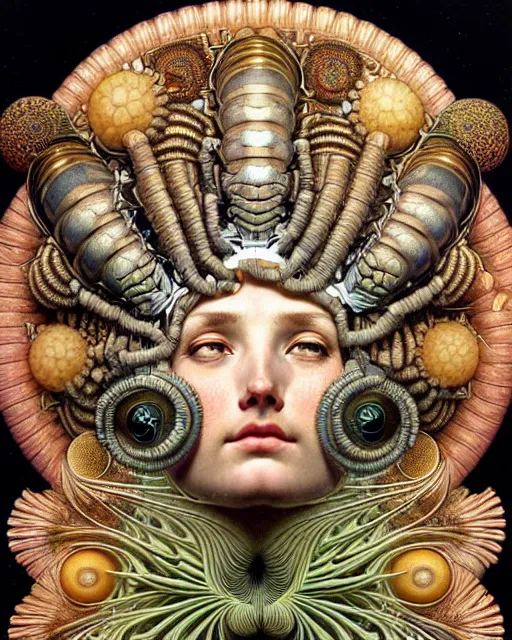 Prompt: hyperrealistic detailed face portrait of the beautiful goddess of the giant isopods with an intricate golden ornamental geometrical fractal giant isopod masked headdress, art by ernst haeckel, john william godward, android jones, alphonso mucha, h. r. giger, gothic - cyberpunk, ornamental, dimmed pastel colours,