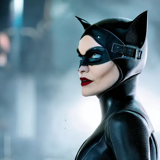 Image similar to film still of johnny depp as catwoman in the new batman movie, 4 k