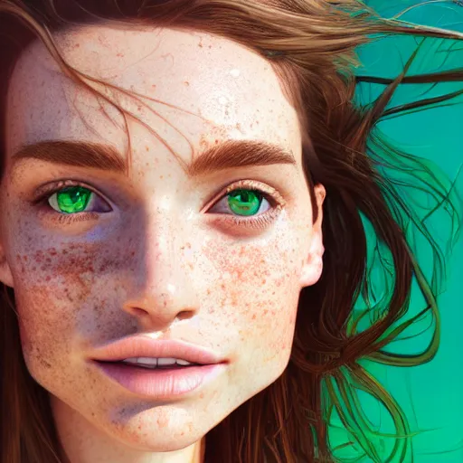 Prompt: portrait of a cute thin young woman, bronze brown hair, emerald green eye color, red blush, cute freckles, smug smile, modern clothes, relaxing on the beach, golden hour, close up shot, 8 k, art by irakli nadar, hyperrealism, hyperdetailed, ultra realistic