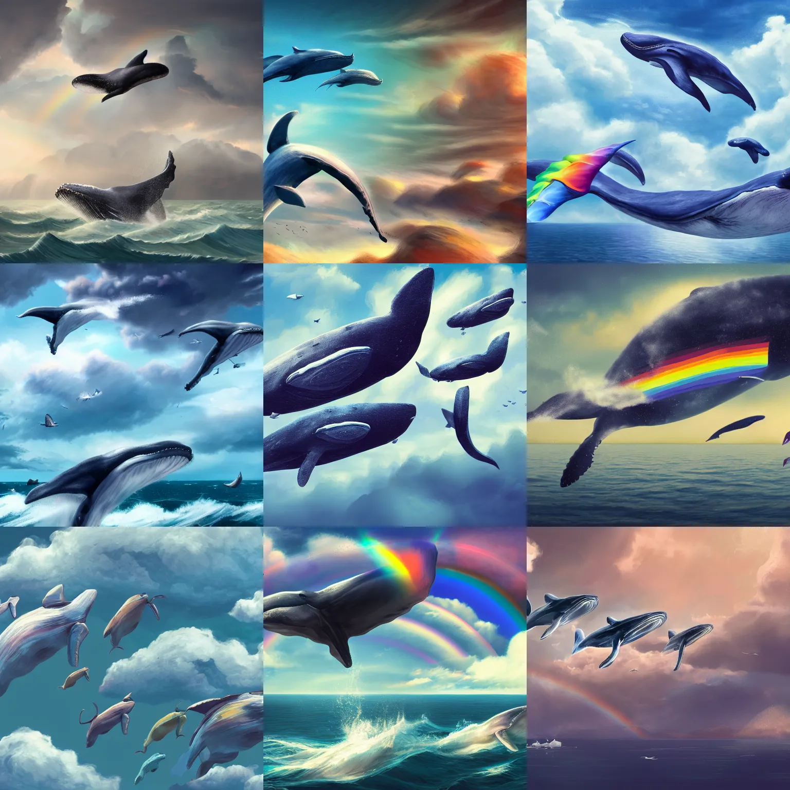 Prompt: highly detailed picture of flying whales, in the style of greg rutsowski, wide angle shot, hyper realistic, concept art, 8 k detail post - processing, rainbow, clouds