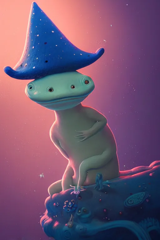 Image similar to ortographic view of Storytime perspective Bioluminescent, portrait of axolotl wearing wizard hat, very intricate , trending on artstation , very elegant, in the golden hour by Daniel Merriam, Trending on Artstation, oil on Canvas by Elena Zhurikhina and Goro Fujita and Charlie Bowater, octane render, 4k, 8k, HD by Jen Bartel and Dan Mumford and Satoshi Kon, gouache illustration, vivid colors