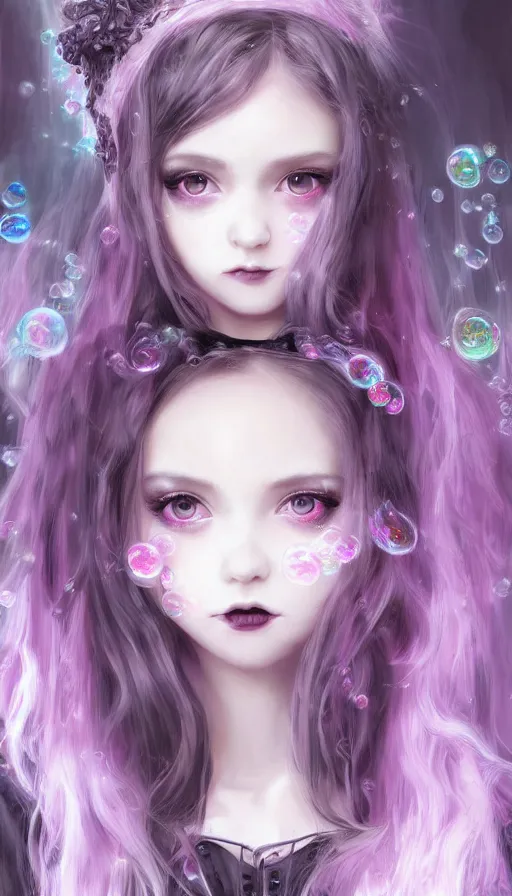 Prompt: gothic lolita girl portrait, dreamy and ethereal, expressive pose, big eyes, tender expression, exciting, fantasy, intricate, elegant, many rainbow bubbles, pink tones, purple, black very detailed, digital painting, artstation, concept art, cyberpunk wearing, soft, sharp focus, illustration, art by artgerm and greg rutkowskiand alphonse much