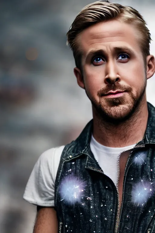 Image similar to Ryan Gosling with silver-violet hair, white eyes inflated press and denim glittery vest, wide lens, diorama, 4k,