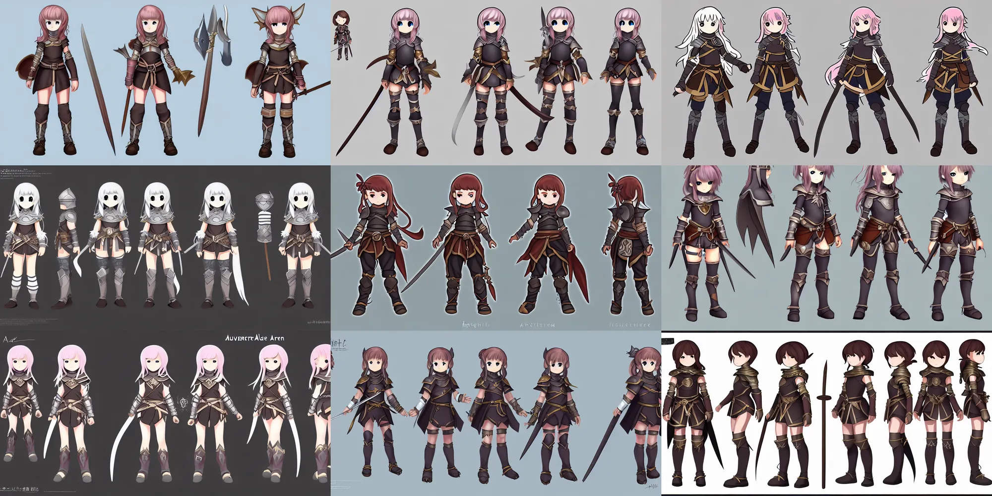 Prompt: an adventurer little girl knight character concept sheet ; in the mystical fantasy anime ; character outfit design ; trending on artstation