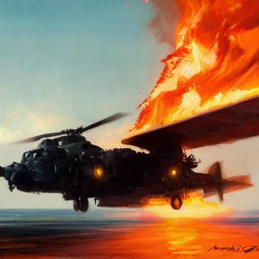 Image similar to a beautiful painting by james gurney, 8k resolution, still images trending on artstation a face of an old military helicopter shown drifting offshore in flames. Style of Blade Runner 2049