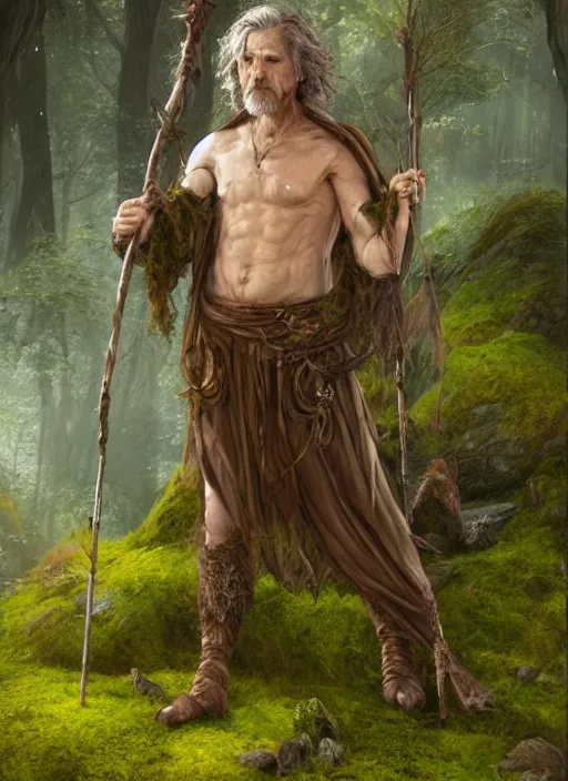 Image similar to a relaxed male middle aged druid in a sleeveless west, short brown hair, stringy, wielding a long staff which is covered in moss, full body, 8 k, hyperrealistic, hyperdetailed, fantasy portrait by laura sava