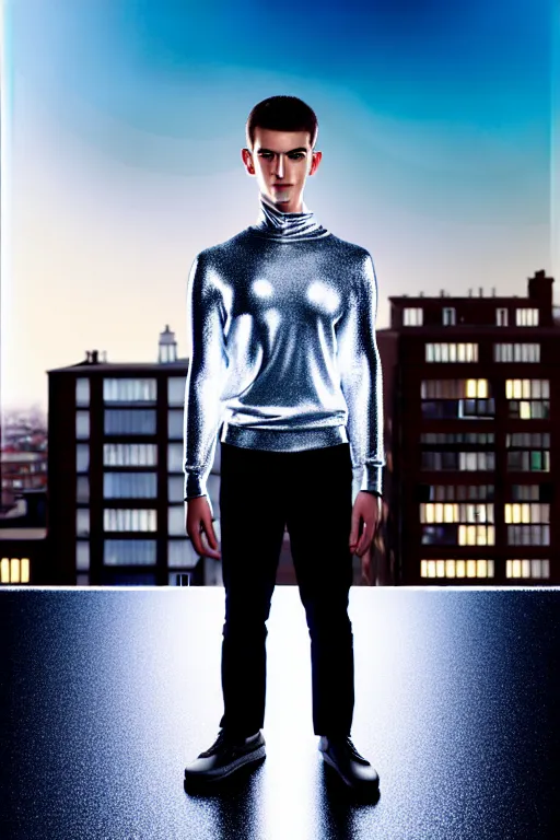 Image similar to un ultra high definition studio quality photographic art portrait of a young man standing on the rooftop of a british apartment building wearing soft padded silver pearlescent clothing. three point light. extremely detailed. golden ratio, ray tracing, volumetric light, shallow depth of field. set dressed.