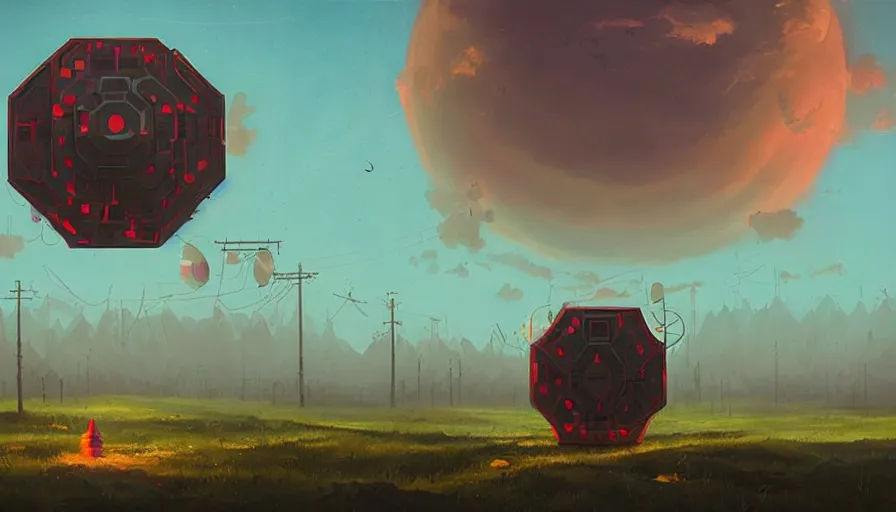 Image similar to mirror hexagons eyes in the sky, blocking the sun, simon stalenhag