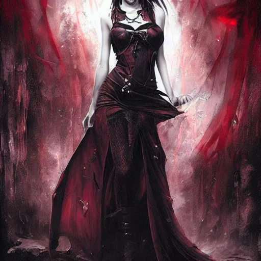 Image similar to beautiful gothic vampire girl, paint by Raymond Swanland