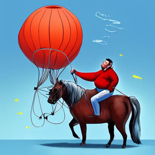 Image similar to digital art of morbidly obese man riding a horse. Three weather balloons are attached to the man. Trending on ArtStation