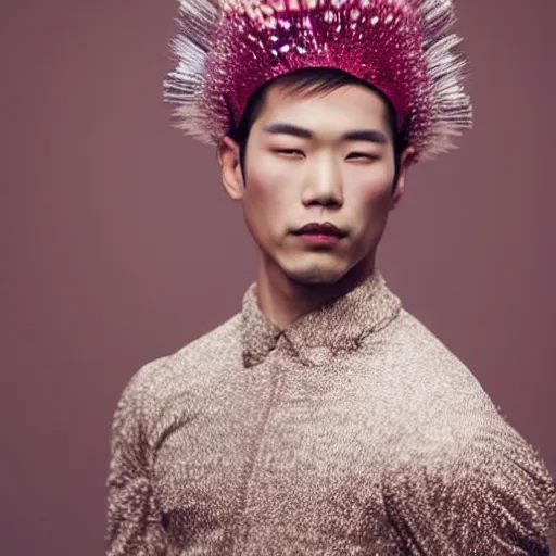 Image similar to a beautiful young male asian model wearing a headpiece made by maiko takeda, photoshot by erwin olaf