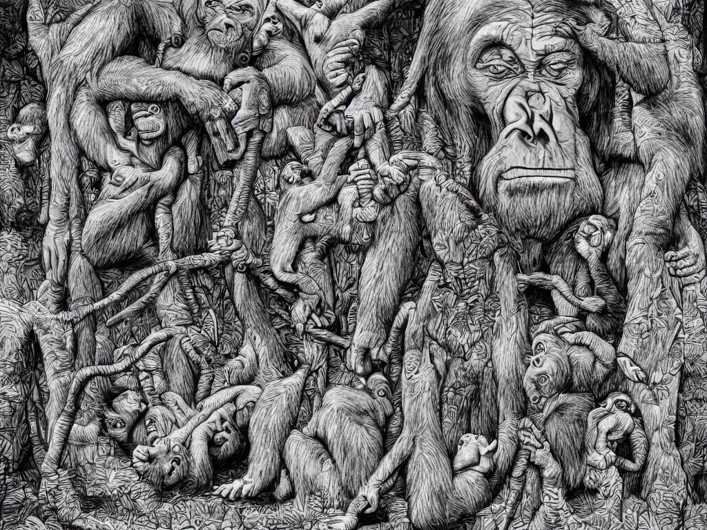 Image similar to bored ape club monkeies by Chor Boogie, intricate details, ultra detailed, 4K, award-winning, touch of M. C. Escher and Salvador Dali