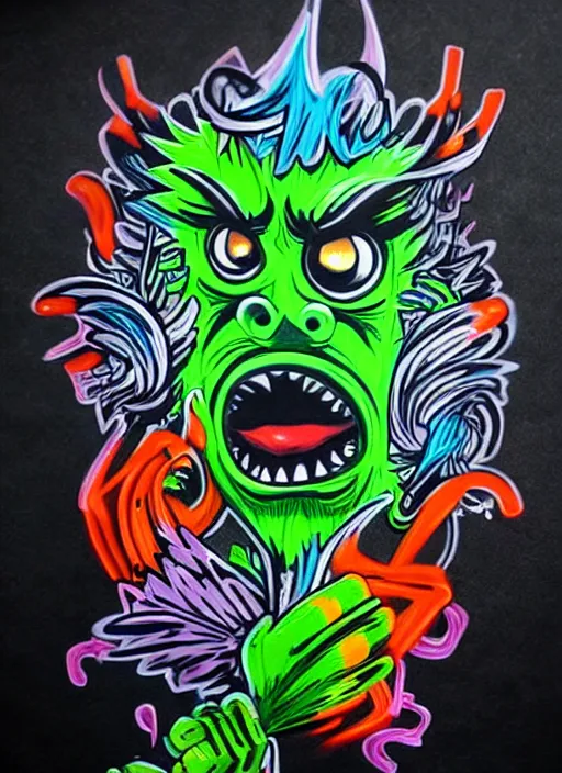 Image similar to beautiful graffiti monsters on black background paper