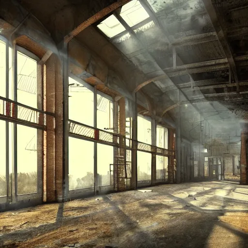 Prompt: abandoned industrial factory interior, sunlight filtering through the broken windows, digital art, trending on artstation