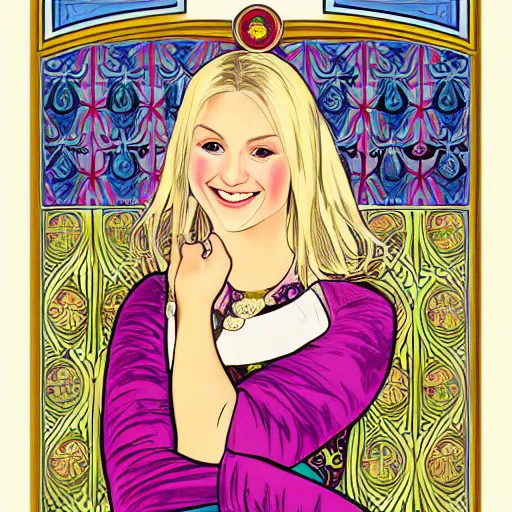 Prompt: portrait of a blonde, happy, laughing, beautiful, danish scrum master. she is looking a you with loving, calm eyes. the background is colorful and inspired by alphonse mucha