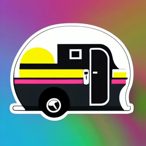 Image similar to minimal vector art sticker of a white and black cute thor chateau! motorhome camper!!, mountains, colorful sunset!!, dramatic, warm happy colors, thick lines, very minimal vector art, sticker!! by tom whalen