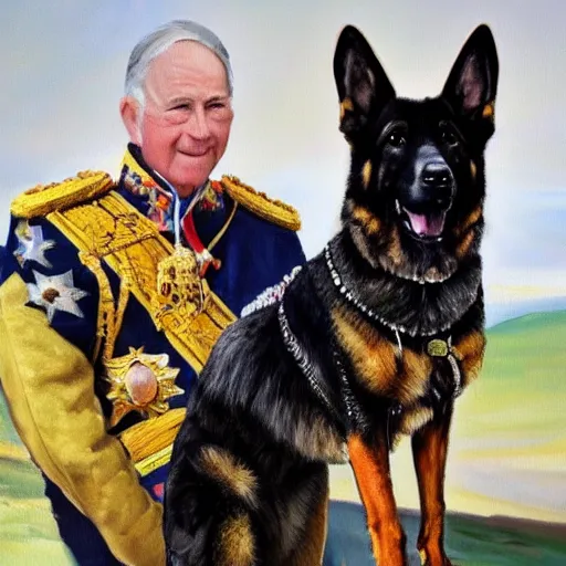 Image similar to an oil painting of a 6 4 years old man as the king of canada, and a german shepherd sitting on his legs