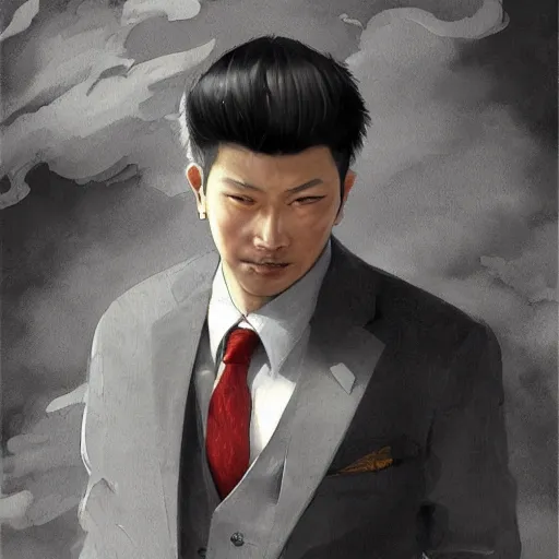 Image similar to dynamic composition, motion, ultra-detailed, incredibly detailed, a lot of details, amazing fine details and brush strokes, colorful and grayish palette, smooth, HD semirealistic anime CG concept art digital painting, watercolor oil painting of a man in suit, by a Chinese artist at ArtStation, by Huang Guangjian, Fenghua Zhong, Ruan Jia, Xin Jin and Wei Chang. Realistic artwork of a Chinese videogame, gradients, gentle an harmonic grayish colors.