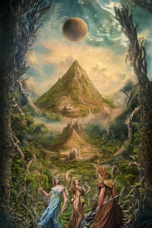 Image similar to A fantasy book style portrait painting of the Great Turtle Island at the center of the Universe, accompanied by a hybrid, Anya_Taylor-Joy, Cory Chase, Eva Green, as a Mystical Valkyrie, Anubis-Reptilian, Atlantean Warrior, François Boucher, Oil Painting, unreal 5, DAZ, hyperrealistic, octane render, Regal, Refined, Detailed Digital Art, RPG portrait, Walt Disney (1937), William-Adolphe Bouguereau, Michael Cheval, Steampunk, Volumetric Golden dappled dynamic lighting, Highly Detailed, Cinematic Lighting, Unreal Engine, HD, 8k, HD