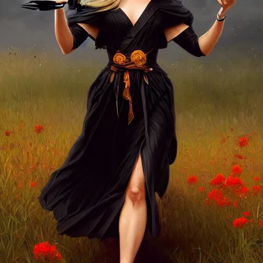 Image similar to very cute Margot Robbie eating fork covered in honey wearing black-crimson silk dress, D&D, fantasy, intricate, elegant, highly detailed, digital painting, artstation, concept art, matte, sharp focus, illustration, art by Artgerm and Greg Rutkowski and Alphonse Mucha