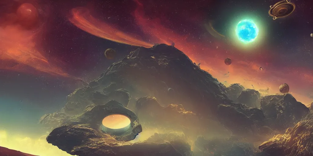 Image similar to alien world, beautiful landscape, digital art, space in the sky, planet ring, spaceship, explosion further away