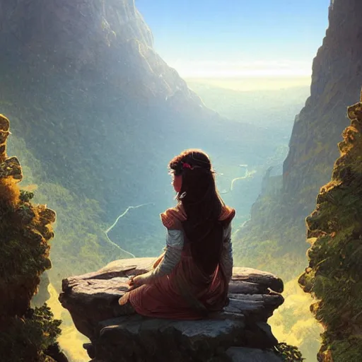 Prompt: a girl sitting on the edge of a mountain, looking at the distance, epic scale, intricate, headshot, highly detailed, digital painting, artstation, concept art, sharp focus, cinematic lighting, illustration, art by artgerm and greg rutkowski, alphonse mucha, cgsociety