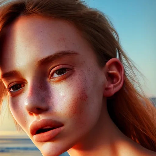 Image similar to portrait of a cute thin young woman, red blush, light freckles, smug smile, modern clothes, relaxing on the beach, golden hour, close up shot, 8 k, art by irakli nadar, hyperrealism, hyperdetailed, ultra realistic