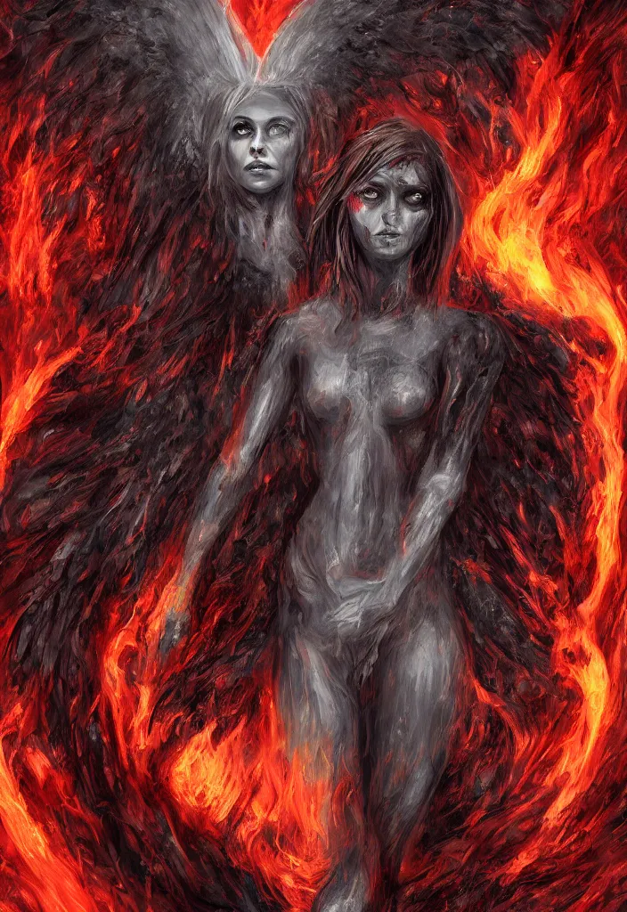 Image similar to a portrait of a gigantic angel as a demon in a fiery hell, eerie, dark, magical, fantasy,, digital art.