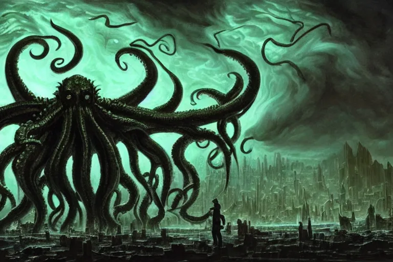 Image similar to man is seeing old god eldritch horror cthulhu terrifying the night sky of a city, epic scene, hyper - detailed, gigantic cthulhu, photo - realistic wallpaper, dark art, oil paint