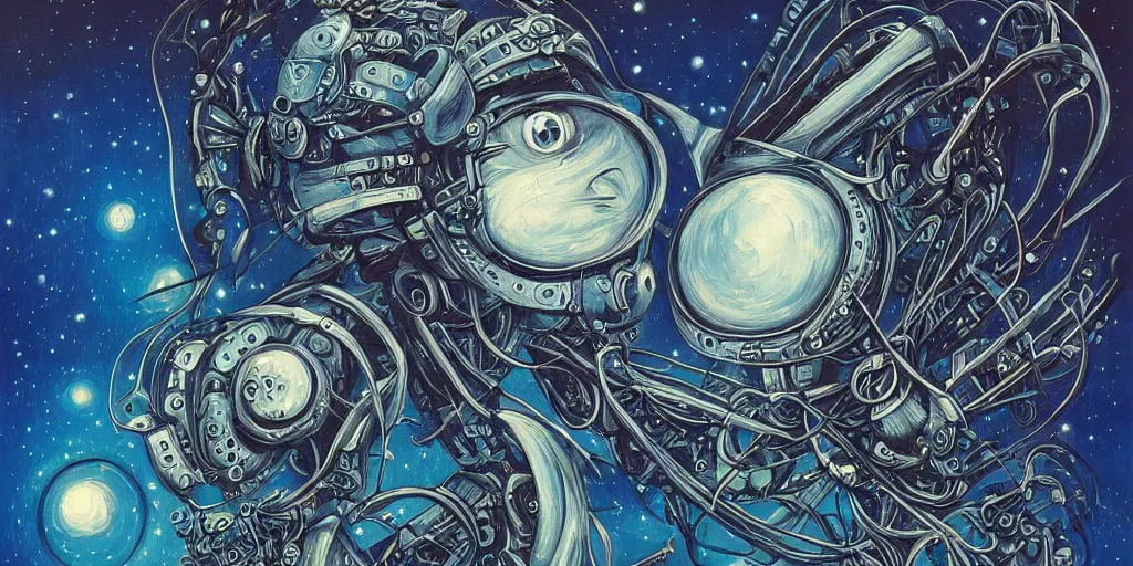 Image similar to a beautiful painting of robot by aaron horkey, trending on artstation blue with stars background